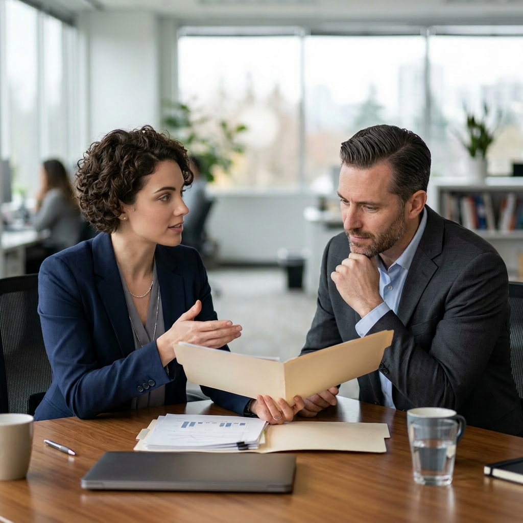 Two business professionals discussing documents at a table in an office